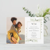 Mongram Botanical Greenerenerity Foto Wedding Einladung (Stehend Vorderseite)