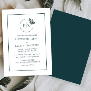 Mongram Botanical Wreath Emerald Green Wedding Einladung