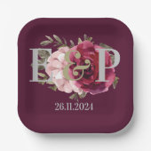 Mongram Burgundy Blush Floral Wedding Party Pappteller (Vorderseite)