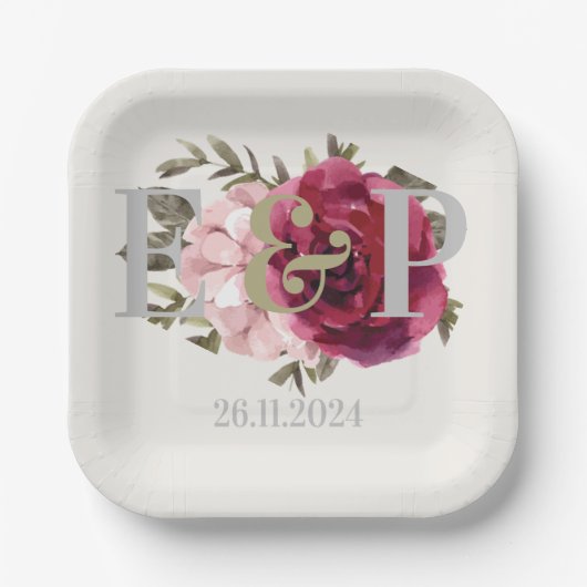 Mongram Burgundy Blush Floral Wedding Party Pappteller (Vorderseite)