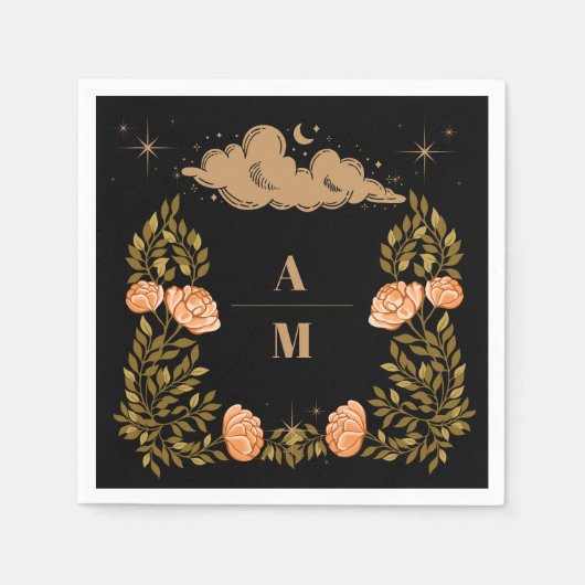 Mongram Celestial Mitternacht Black Stars Hochzeit Serviette (Vorderseite)