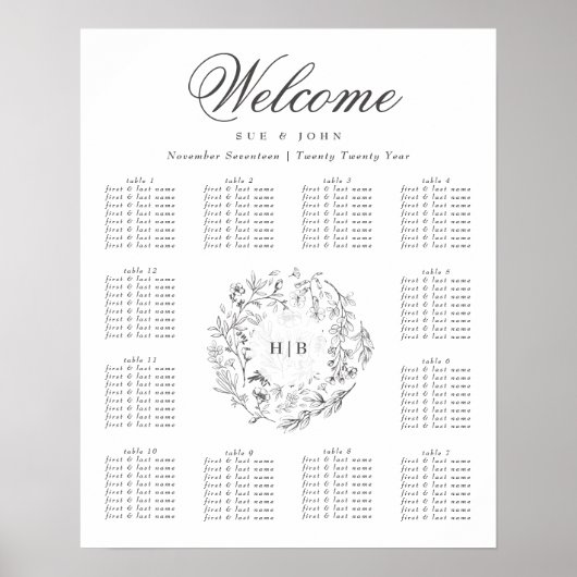 Mongram Classic Botanical Floral Wreath Wedding Poster (Vorne)