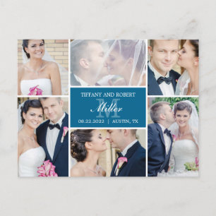 Mongram Collage Wedding Announcement - Blue Ankündigungspostkarte
