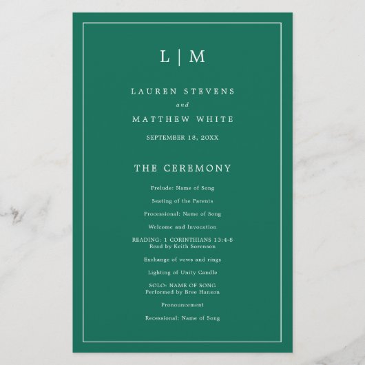 Mongram Emerald Green Budget Wedding Program Flyer (Vorne)