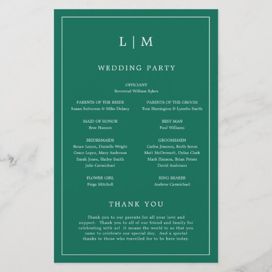 Mongram Emerald Green Budget Wedding Program Flyer (Hinten)