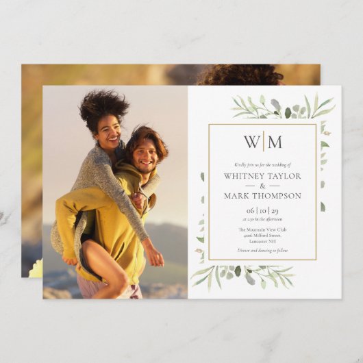 Mongram Foto Botanische Grünenhochzeit Einladung (Vorne/Hinten)