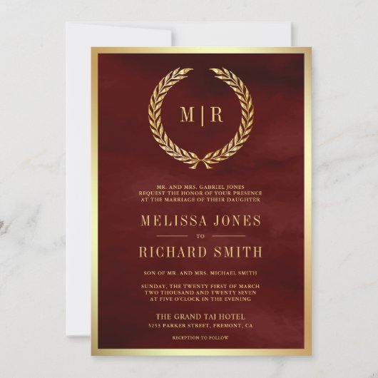 Mongram für Burgundy Rote Rosen bei einer Hochzeit Einladung (Vorderseite)