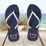 Mongram für Hochzeiten von Marine und Korallen Badesandalen<br><div class="desc">Maßgeschneiderte gedreht Flop-Sandalen personalisiert mit einem niedlichen Herz und Ihre Monogramm-Initialen und Hochzeitstermin. Klicken Sie auf Anpassen,  um Schriftart und Farben zu ändern oder eigene Bilder hinzuzufügen,  um ein einzigartiges Design zu erstellen!</div>