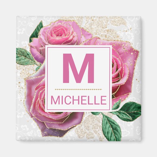 Mongram für schöne rosa und goldene Glam Rose Magnet (Vorne)