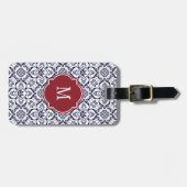 Mongram-Gepäckmarke für Navy Blue & White Damask Gepäckanhänger (Vorderseite horizontal)