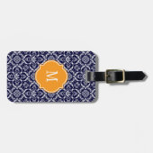 Mongram-Gepäckmarke für Navy Blue & White Damask Gepäckanhänger (Vorderseite horizontal)