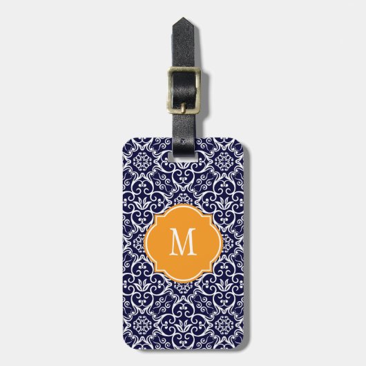 Mongram-Gepäckmarke für Navy Blue & White Damask Gepäckanhänger (Vorderseite vertikal)