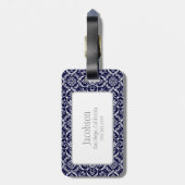Mongram-Gepäckmarke für Navy Blue & White Damask Gepäckanhänger (Rückseite vertikal)