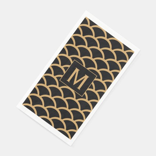Mongram Gold, Black Art Deco Fish Scanner Serviette (Ecke)