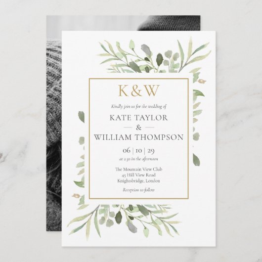Mongram Greenery Foto Wedding Einladung (Vorne/Hinten)