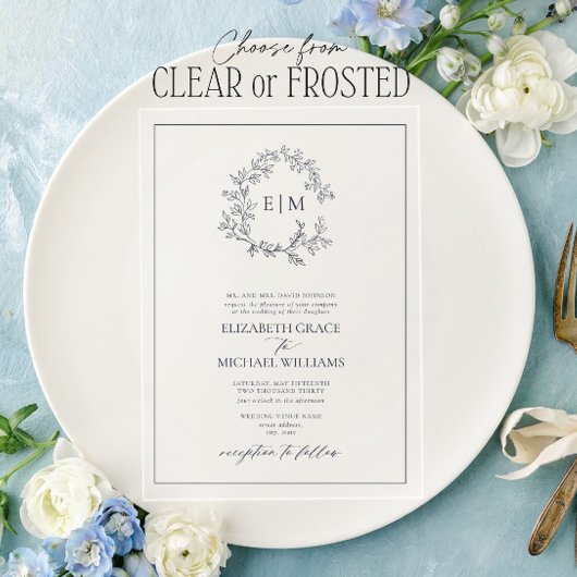 Mongram-Hochzeit des formalen Navy Blue Leafy Wapp Acryleinladungen