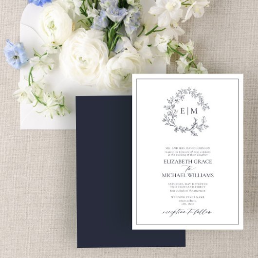 Mongram-Hochzeit des formalen Navy Blue Leafy Wapp Einladung