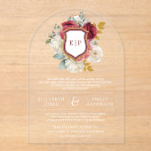 Mongram-Hochzeit von Burgundy Red Floral Wappen Acryleinladungen (Vorderseite)