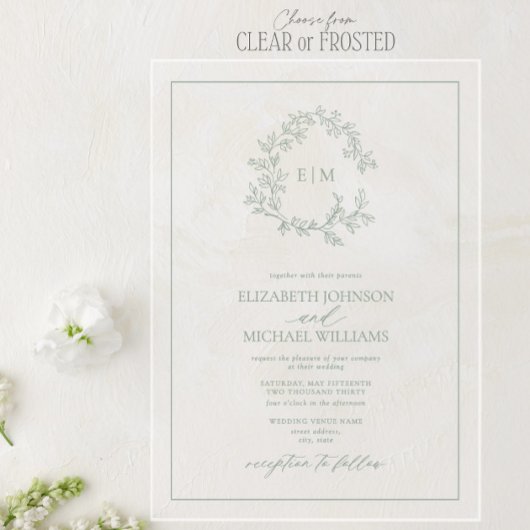 Mongram Hochzeitstich für das moderne Wappen mit g Acryleinladungen