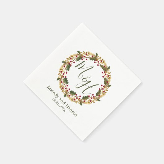Mongram Holly and Golden Kiefer Wedding Serviette (Ecke)