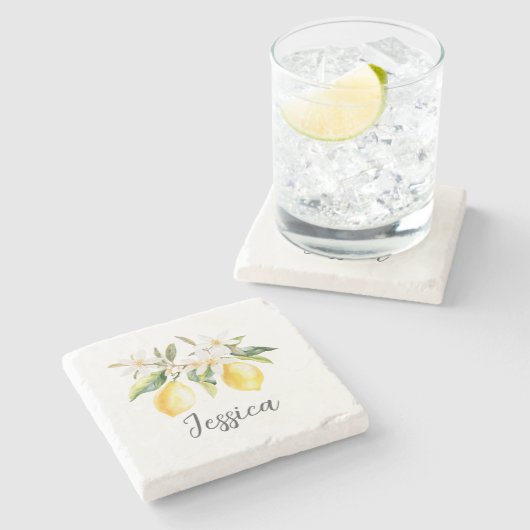 Mongram Lemon Frucht White Blume Tree Branch Steinuntersetzer (Seitenansicht)