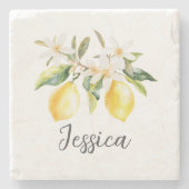 Mongram Lemon Frucht White Blume Tree Branch Steinuntersetzer (Vorderseite)