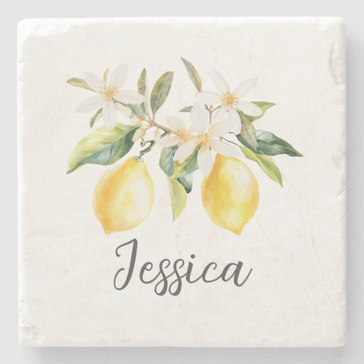 Mongram Lemon Frucht White Blume Tree Branch Steinuntersetzer (Vorderseite)