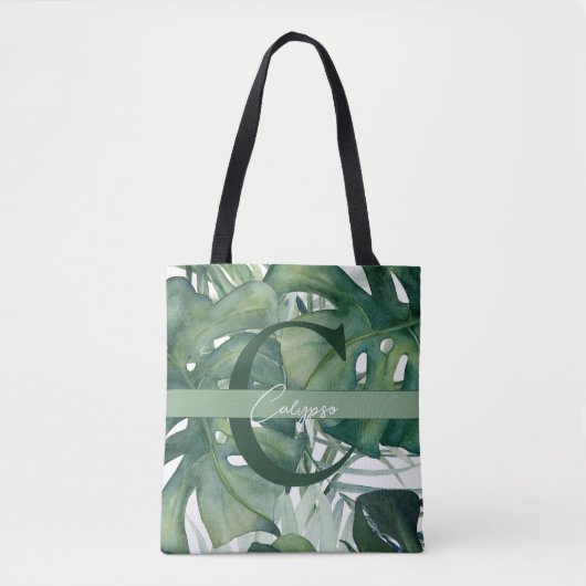 Mongram Letter Tropical Blätter Monstera Greenery Tasche (Vorderseite)