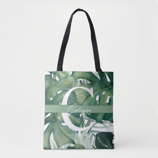 Mongram Letter Tropical Blätter Monstera Greenery Tasche (Vorderseite)
