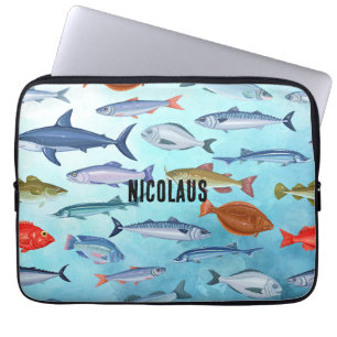 Mongram lieblicher Ozeanfisch Blaues Muster Modern Laptopschutzhülle