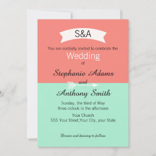 Mongram Minze and Coral Color Block Wedding Einladung