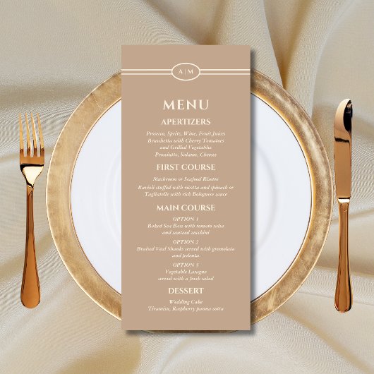 Mongram Modern Cream Taupe Wedding Menu Menükarte