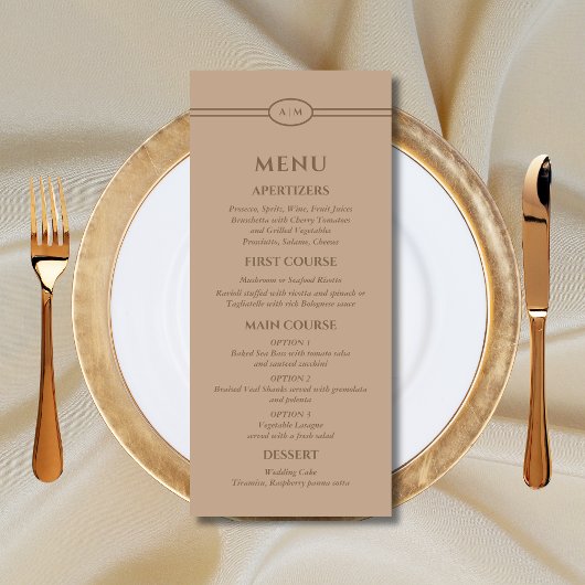 Mongram Modern Cream Taupe Wedding Menu Menükarte