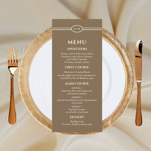Mongram Modern Cream Taupe Wedding Menu Menükarte