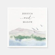 Mongram Mountain Lake Wedding Cocktail Napkin