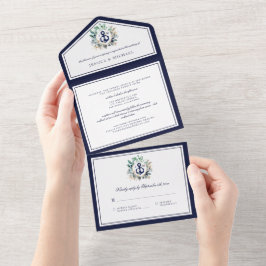 Mongram Nautical Anchor Greenery Navy Hochzeit All In One Einladung