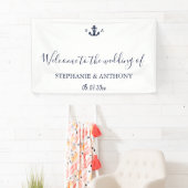 Mongram Nautical Navy Blue Anchor Hochzeit Banner (Insitu)