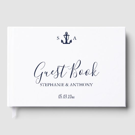 Mongram Nautical Navy Blue Anchor Hochzeit Gästebuch (Vorderseite)