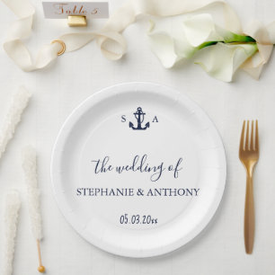 Mongram Nautical Navy Blue Anchor Hochzeit Pappteller