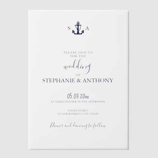Mongram Nautical Navy Blue Anchor Hochzeit Pergament Einladungen (Vorderseite)