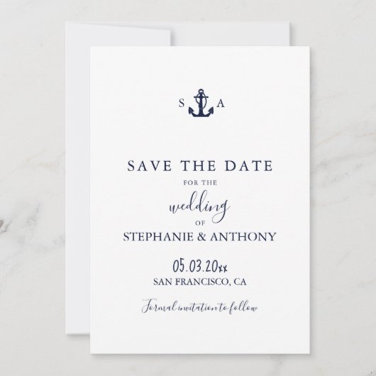 Mongram Nautical Navy Blue Anchor Hochzeit Save The Date (Vorderseite)