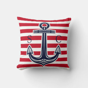 Mongram Nautical White Strip Navy Anchor Kissen