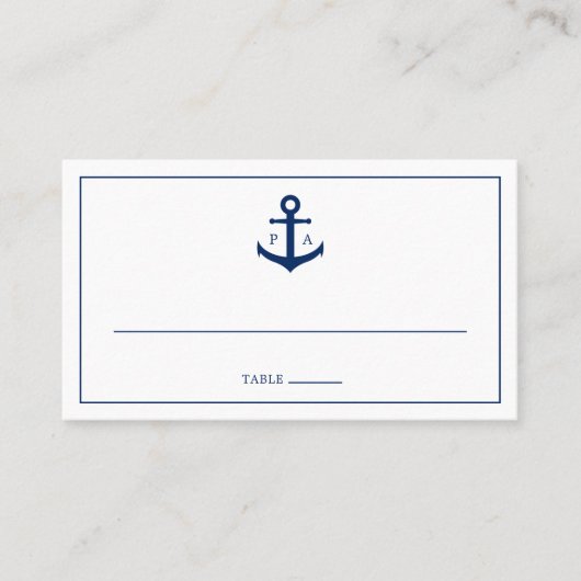 Mongram Navy Blue Anchor Nautical Wedding Platzkarte (Vorderseite)