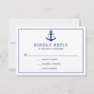 Mongram Navy Blue Anchor Nautical Wedding RSVP Karte