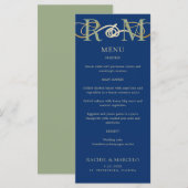 Mongram Navy Olive Sage Green Wedding Menu Menükarte (Vorne/Hinten)