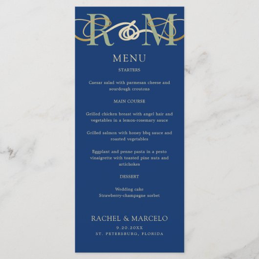 Mongram Navy Olive Sage Green Wedding Menu Menükarte (Vorderseite)