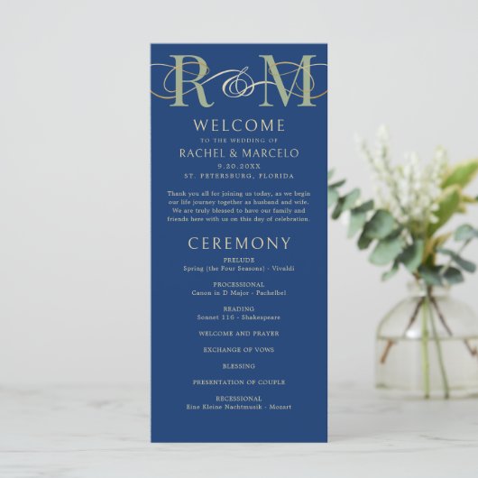 Mongram Navy Olive Sage Green Wedding Program (Stehend Vorderseite)