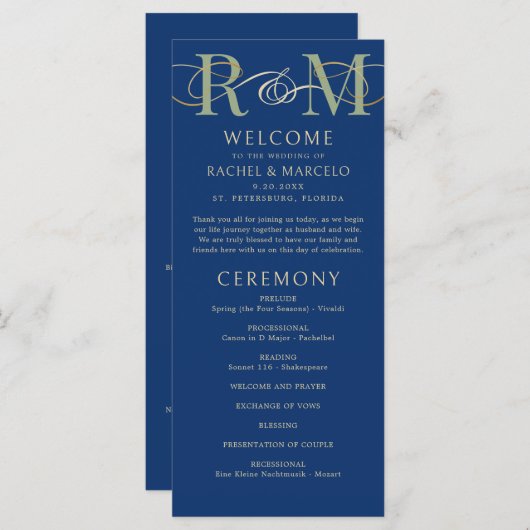 Mongram Navy Olive Sage Green Wedding Program (Vorne/Hinten)