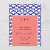 Mongram Navy und Coral Seigaiha Pattern Wedding Ankündigungspostkarte (Vorderseite)