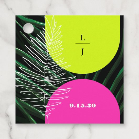 Mongram Neon Arches Palm Leaf Tropical Wedding Geschenkanhänger (Vorderseite)
